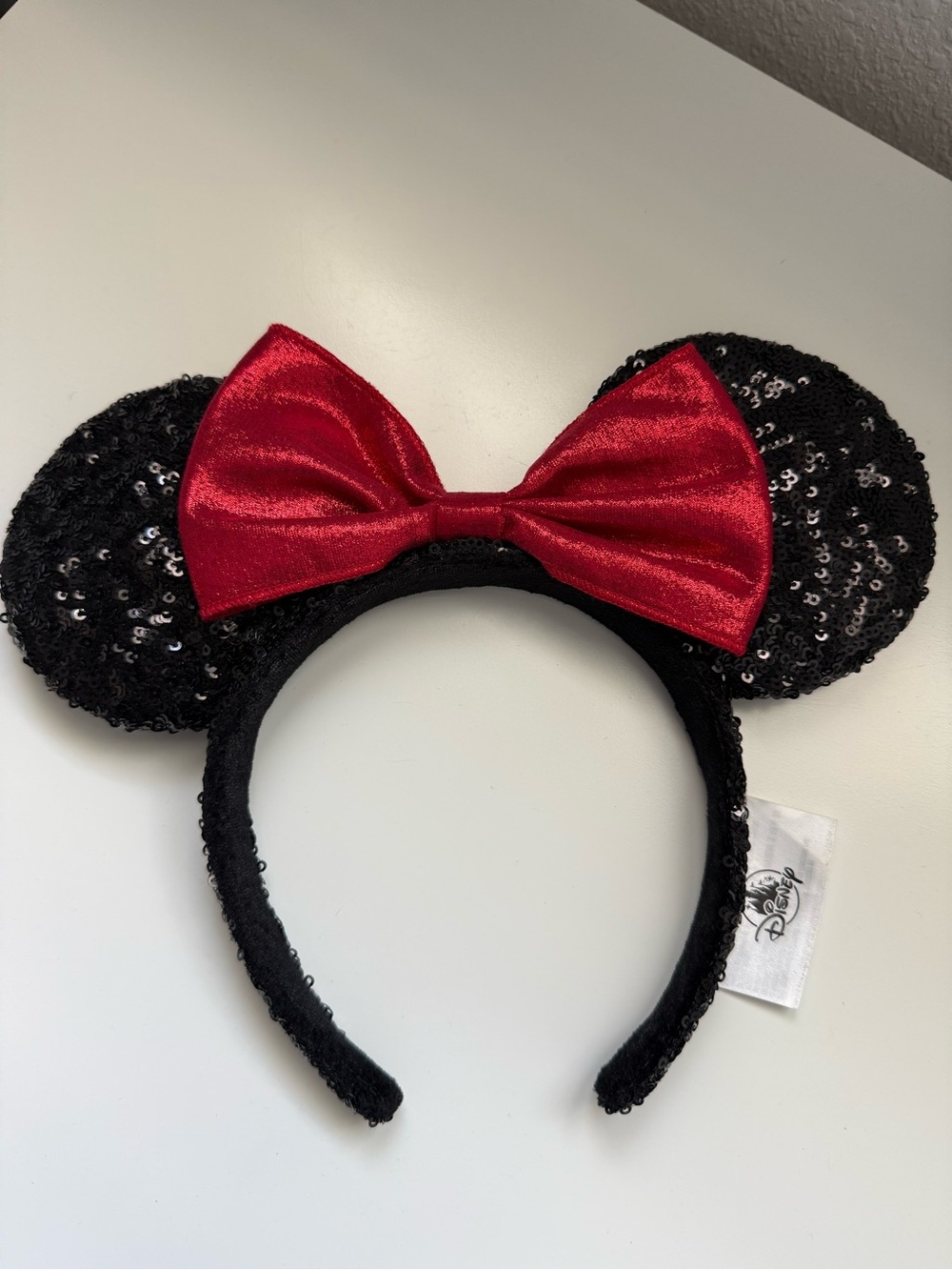 Disney Black Sequin Minnie Ears Headband with Red Bow